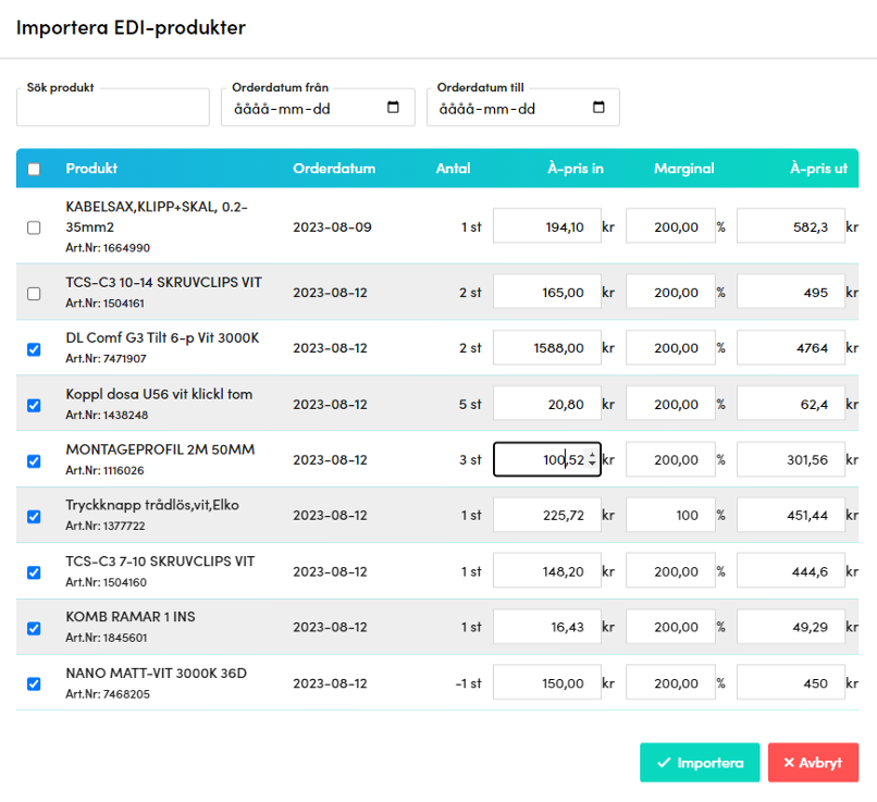 Importera EDI-produkter